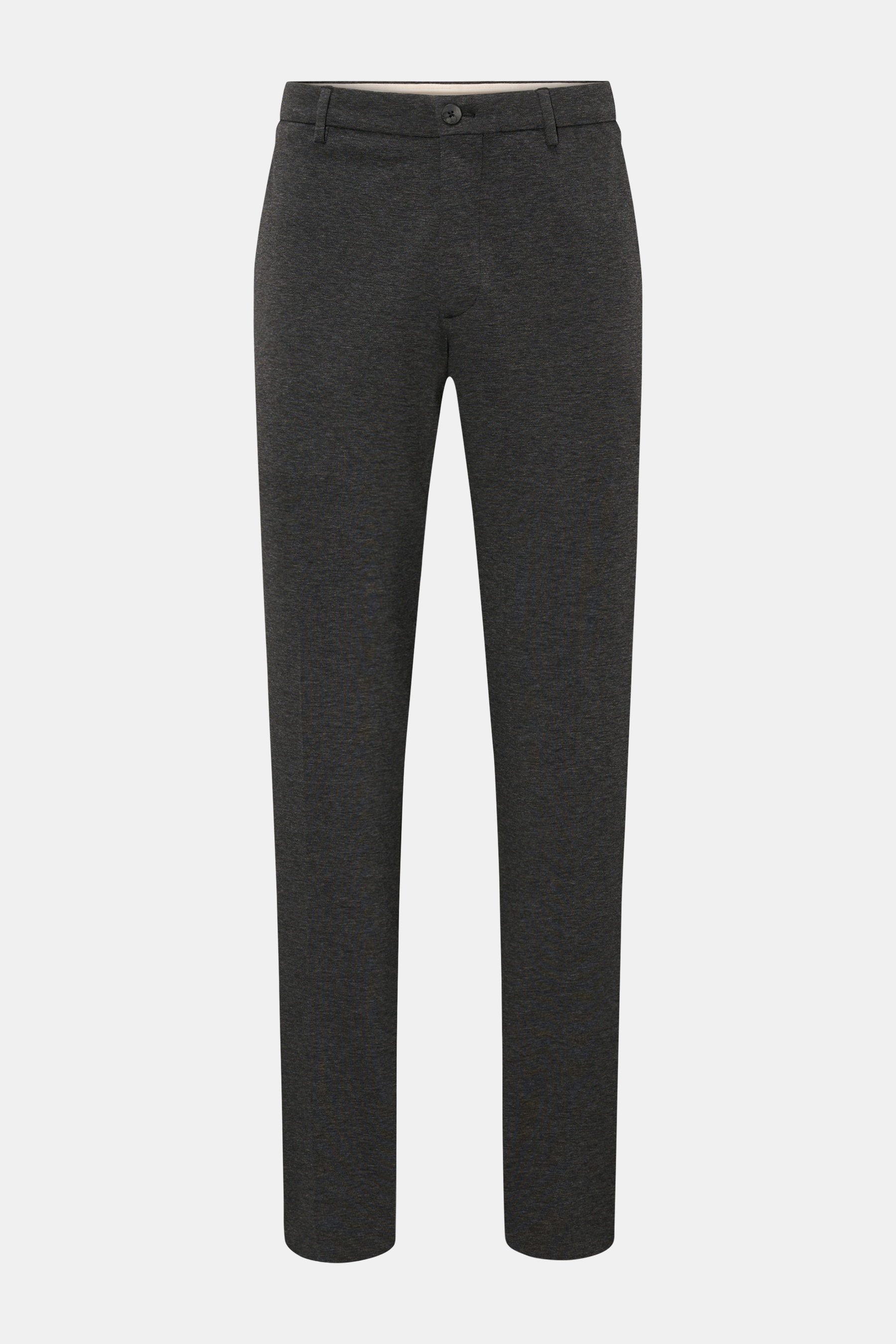 GTA Trousers 'Davide' dark grey melange shown from the front on a plain background, lightweight cotton blend jersey, elasticated fabric, smooth feel, regular fit, tapered ankle-length cut with zip, button, elastic waistband inside, French and back pockets