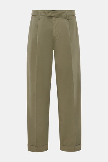 Dondup Baumwollhose 'Mel' oliv, frontale Ansicht, loose Fit, knöchellang mit einfacher Bundfalte, Reißverschluss, französischen Taschen, Saumaufschlag.