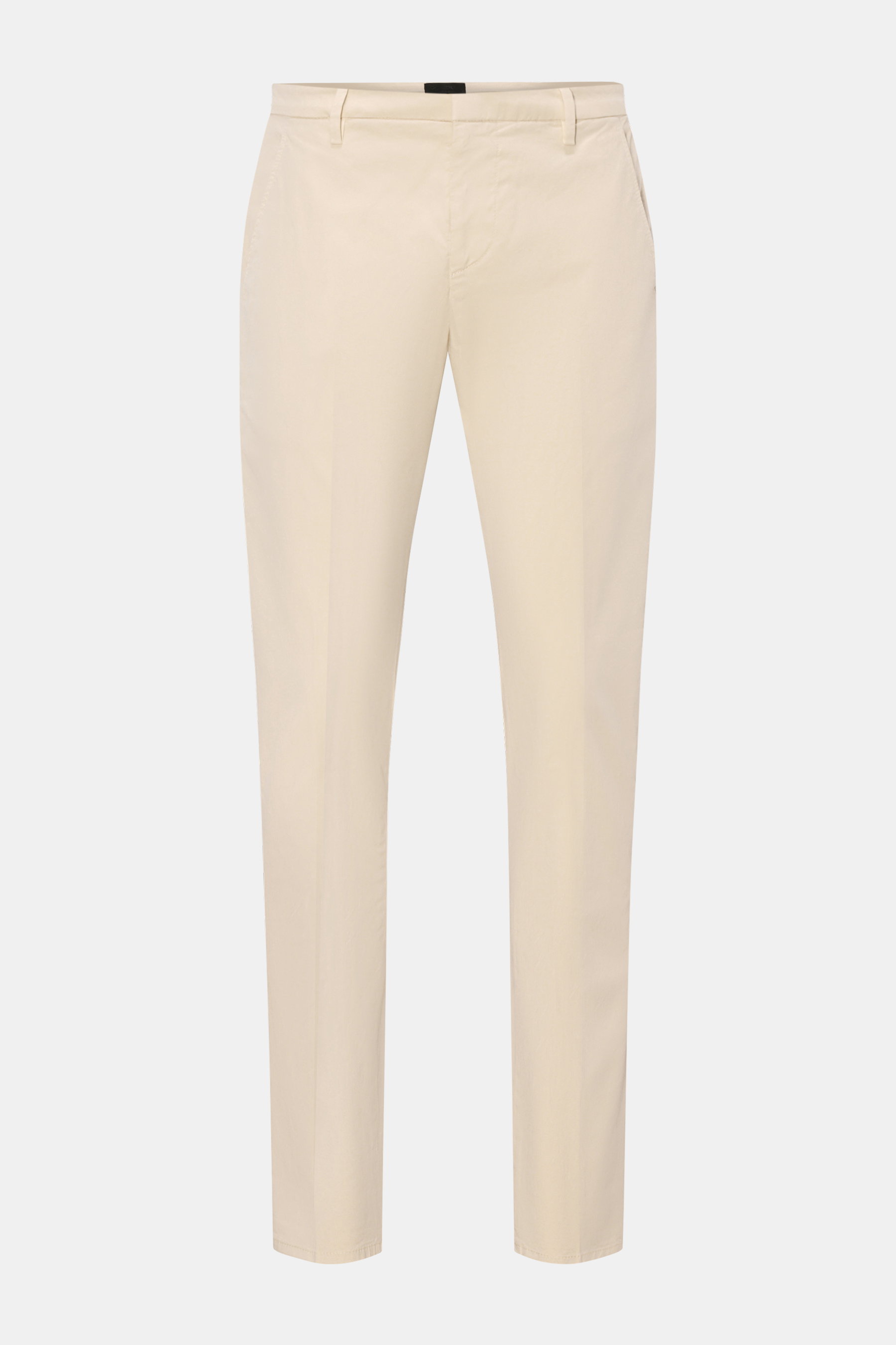 Front view of Dondup Chino 'Gaubert' sand in slim fit, made of lightly elastic, soft cotton with fine twill structure and garment-dyed finish. Features a zipper and slide button closure, French pockets, back buttoned pockets, and a signature metal initial