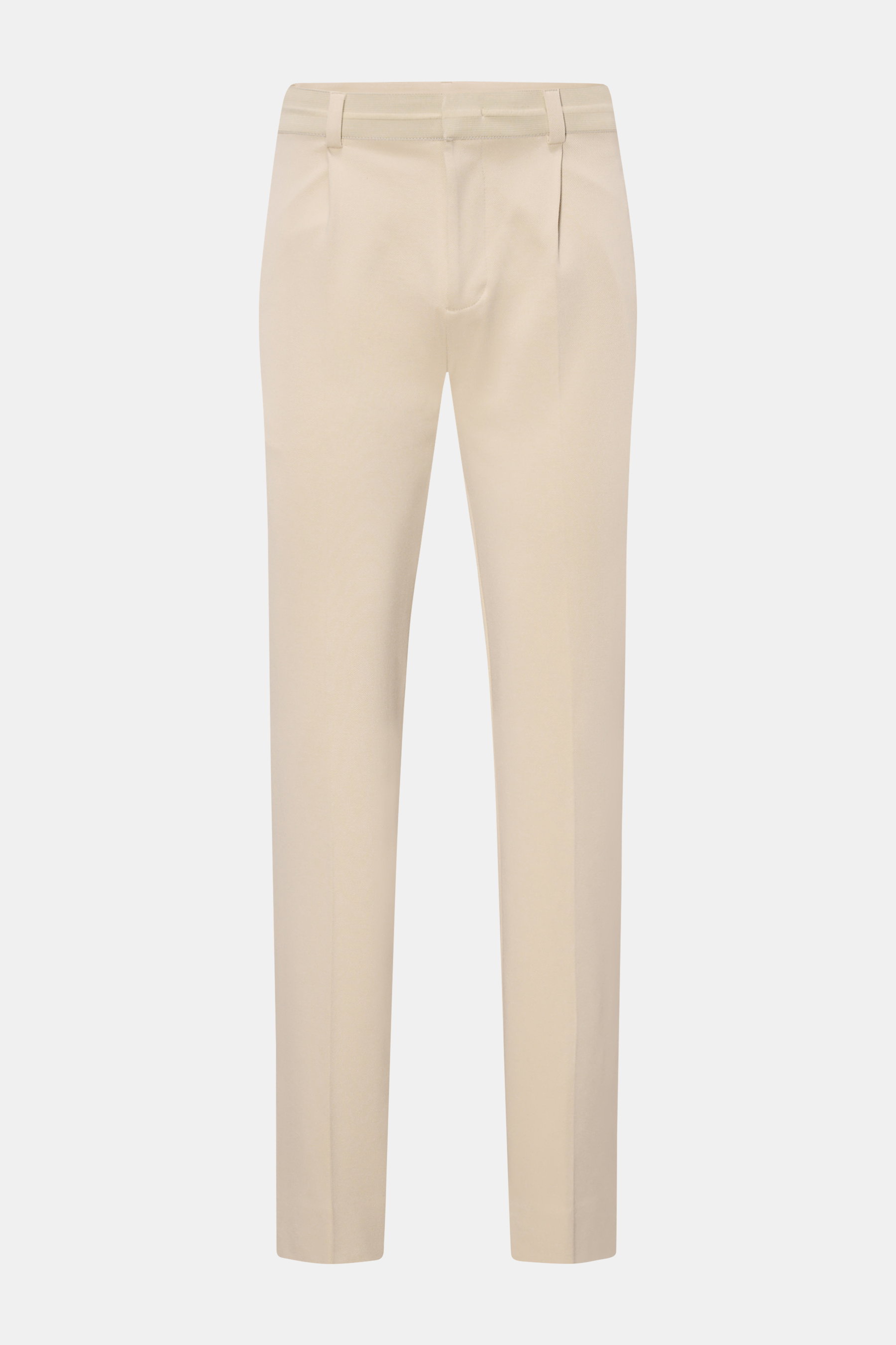 Frontansicht der sandfarbenen Kiefermann Jersey-Hose 'Hunfrid' mit elastischem Bund, Slim Fit, knöchellang, Twill-Optik, Reißverschluss und Leistentaschen.