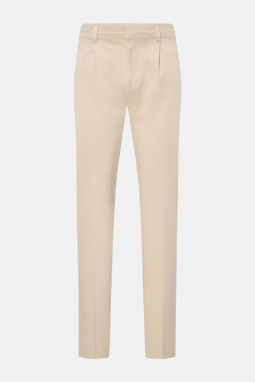 Frontansicht der sandfarbenen Kiefermann Jersey-Hose 'Hunfrid' mit elastischem Bund, Slim Fit, knöchellang, Twill-Optik, Reißverschluss und Leistentaschen.