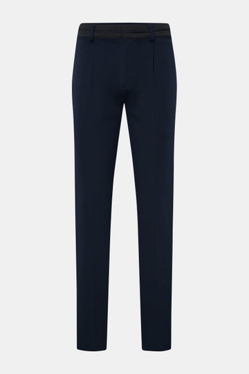 Kiefermann Jersey-Hose 'Hunfrid' navy, frontal knöchellang, Slim Fit mit elastischem Bund, Twill-Optik, Reißverschluss, Bundhaken, Leistentaschen, Jersey aus Viskose/Microfaser.
