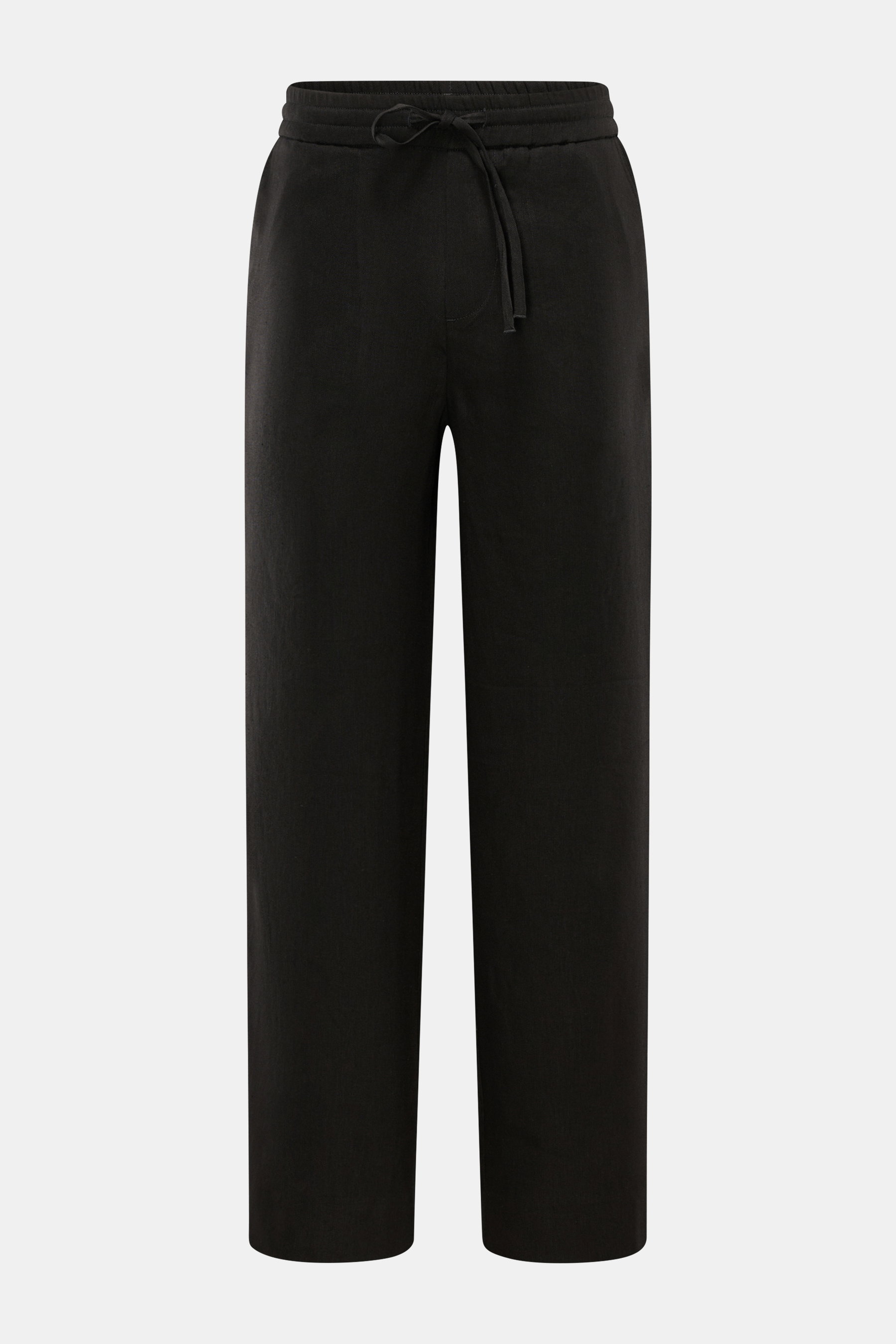 Kiefermann Jogpants 'Haltor' schwarz, frontale Nahaufnahme, Leinen-Viskose-Mix, elastischer Bund, Regular Fit, französische Taschen, leichte Sommerhose.