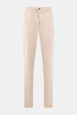 Front view of Moorer Jogger pants 'Anton' beige in lightweight cotton twill, featuring a casual fit, partially elasticated waistband with drawstring, zip and button, French pockets, single pleat, back button pockets, small woven label, and open hem length