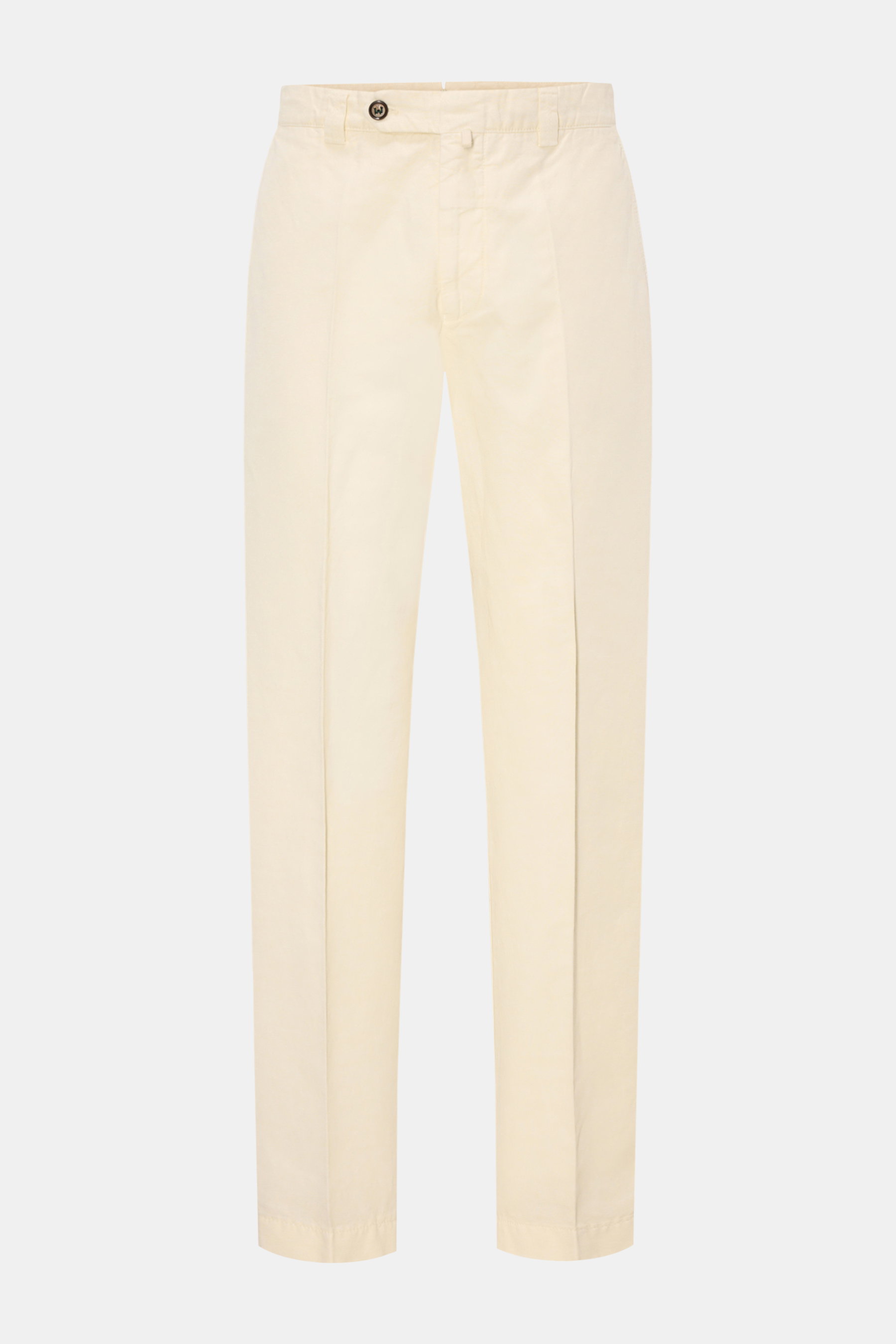 Berwich Chino 'Negroni' creme aus Baumwoll-Leinen-Twill, Regular Fit, vorne fotografiert, mit Knopf, Reißverschluss, französischen Taschen und geknöpften Gesäßtaschen.
