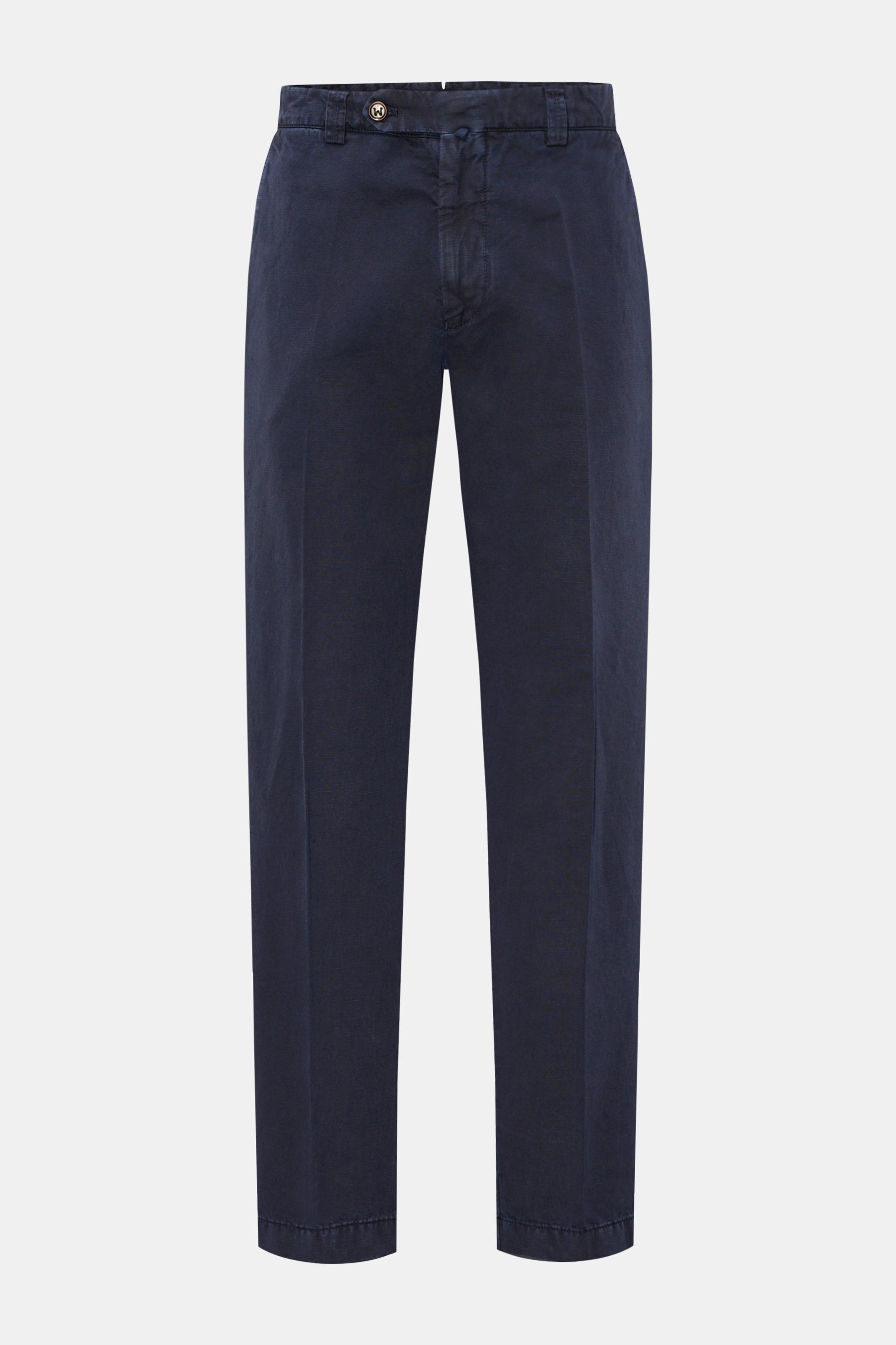 Berwich Chino 'Negroni' navy, frontale Nahaufnahme, Baumwoll-Leinen-Twill, Regular Fit, französische Taschen, schmal zulaufend, Knopfriegel.