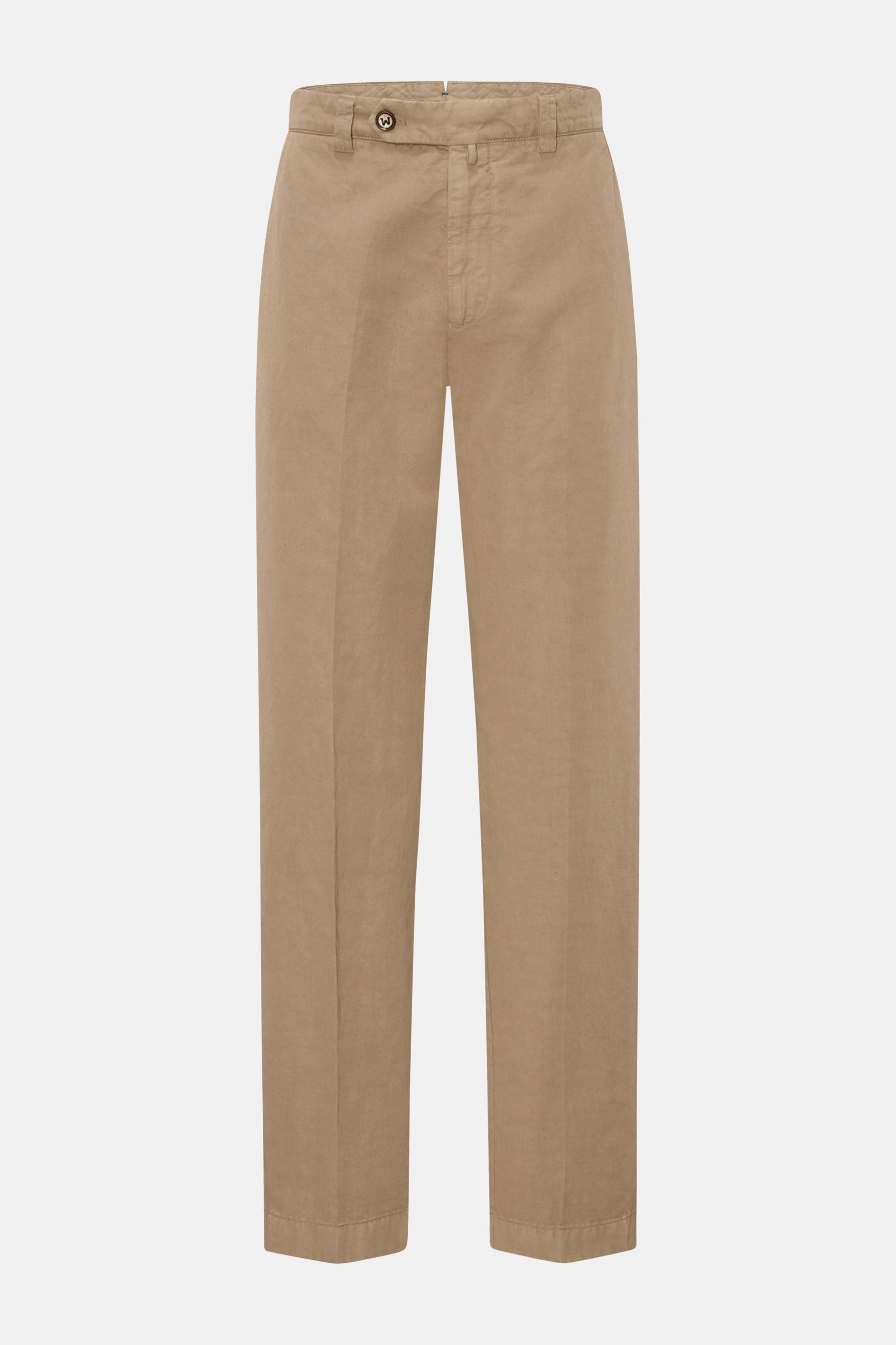 Berwich Chino 'Negroni' taupe, frontale Nahaufnahme, Baumwoll-Leinen-Twill, Regular Fit, französische Taschen, Reißverschluss, Bundknöpfe.
