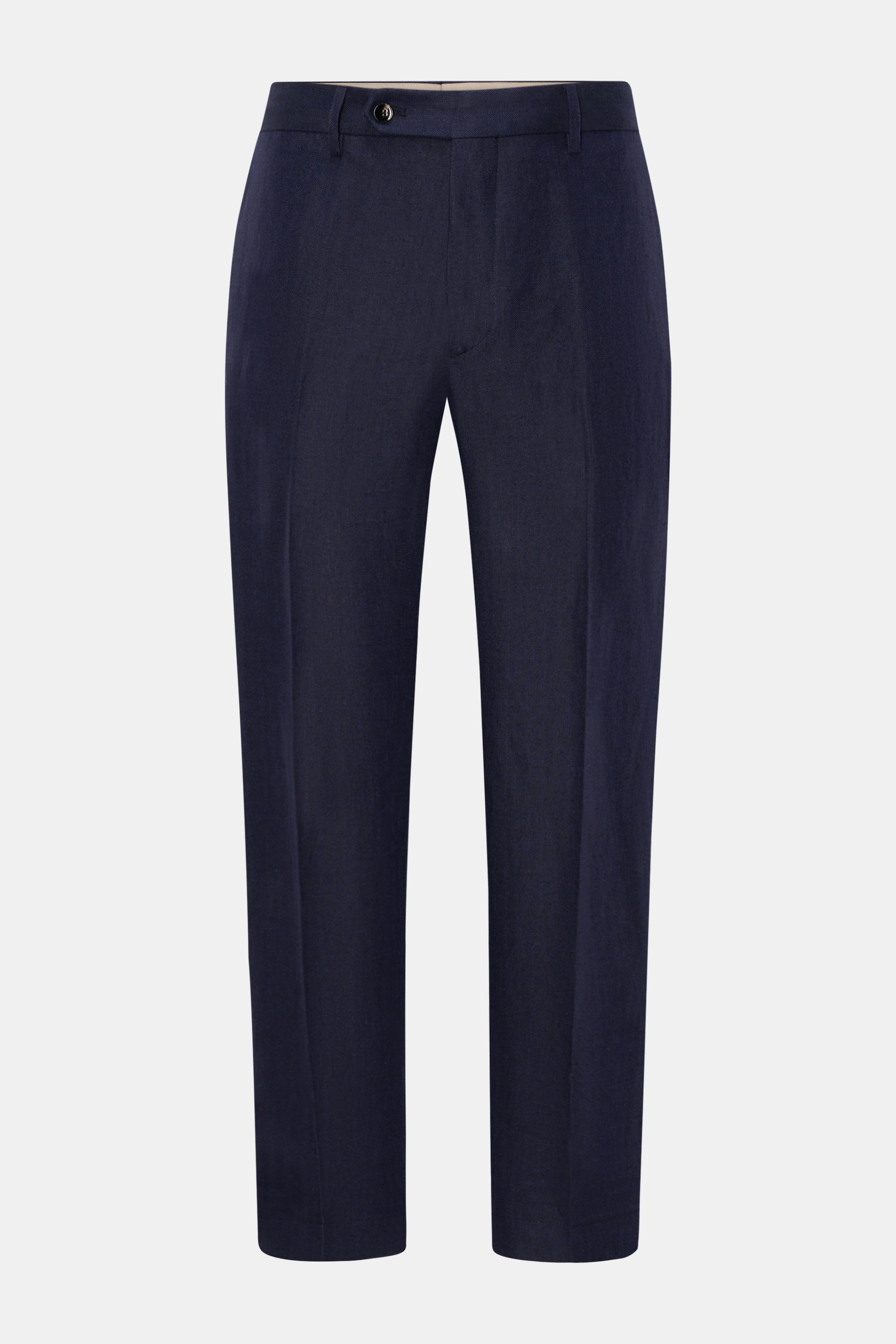 Front view of Berwich Linen trousers 'Chiaia' navy in pure linen with herringbone texture, tapered fit, French and jetted pockets, ankle length.

Description: <p>The trousers 'Chiaia' in pure linen by BERWICH promise summery lightness – the material’s cla