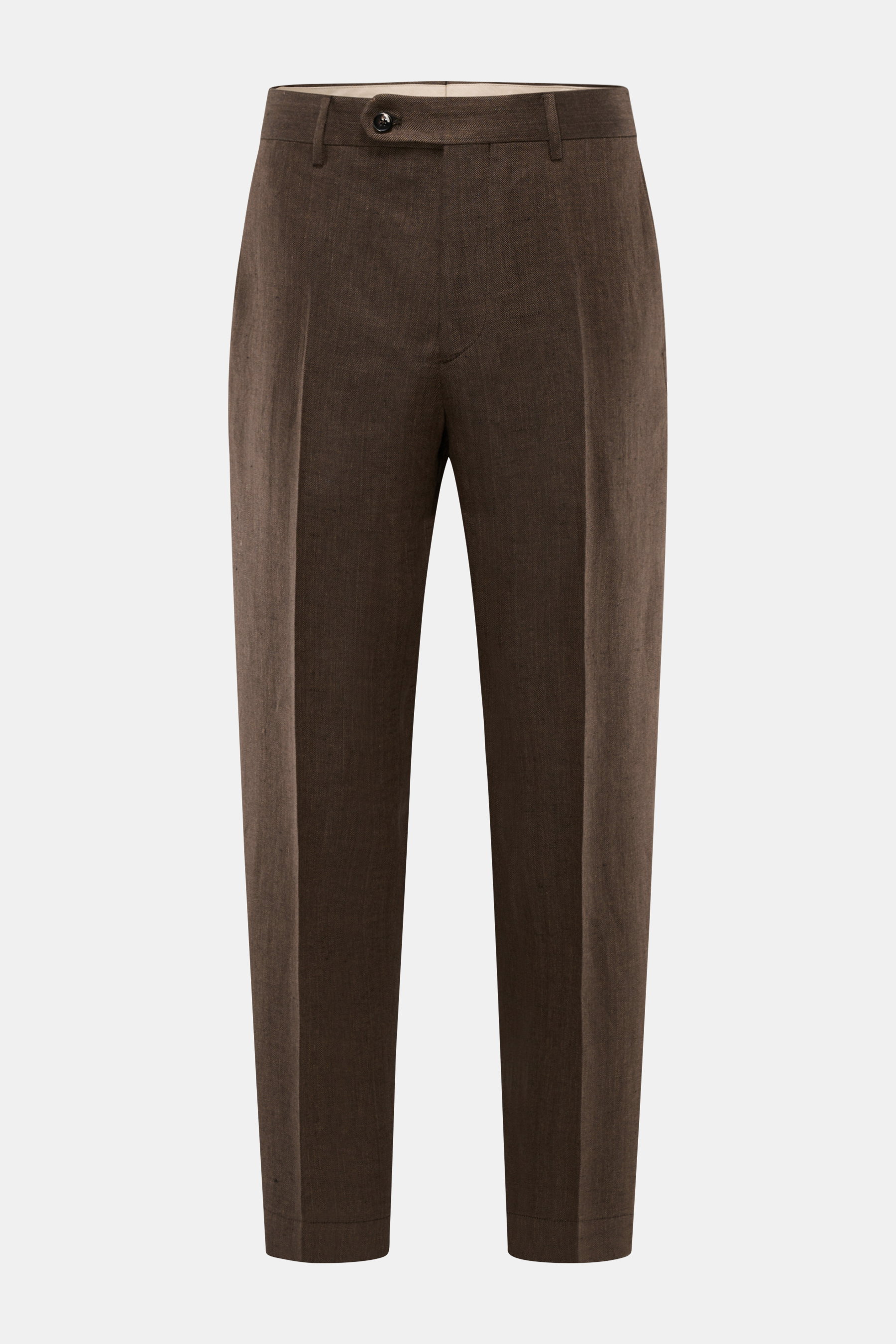 Front view of Berwich Leinenhose 'Chiaia' dunkelbraun, slim tapered fit pure linen trousers with herringbone texture, ankle length.

Description: <p>Sommerliche Leichtigkeit verspricht die Hose 'Chiaia' von BERWICH aus reinem Leinen – die materialtypische