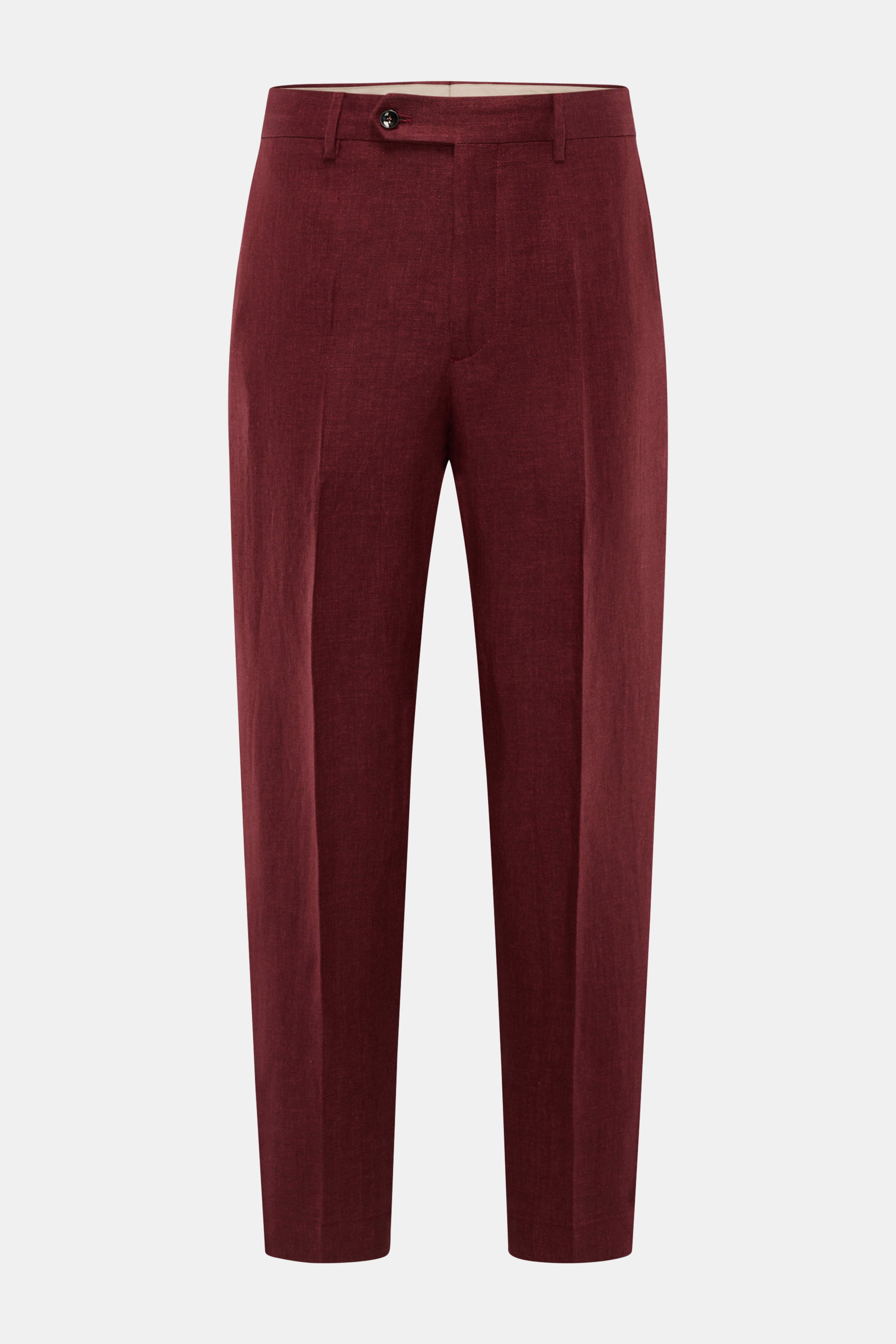 Front view of Berwich Leinenhose 'Chiaia' bordeaux linen trousers with tapered fit, herringbone texture, button closure, and ankle length.

<p>Sommerliche Leichtigkeit verspricht die Hose 'Chiaia' von BERWICH aus reinem Leinen – die materialtypische Hapti