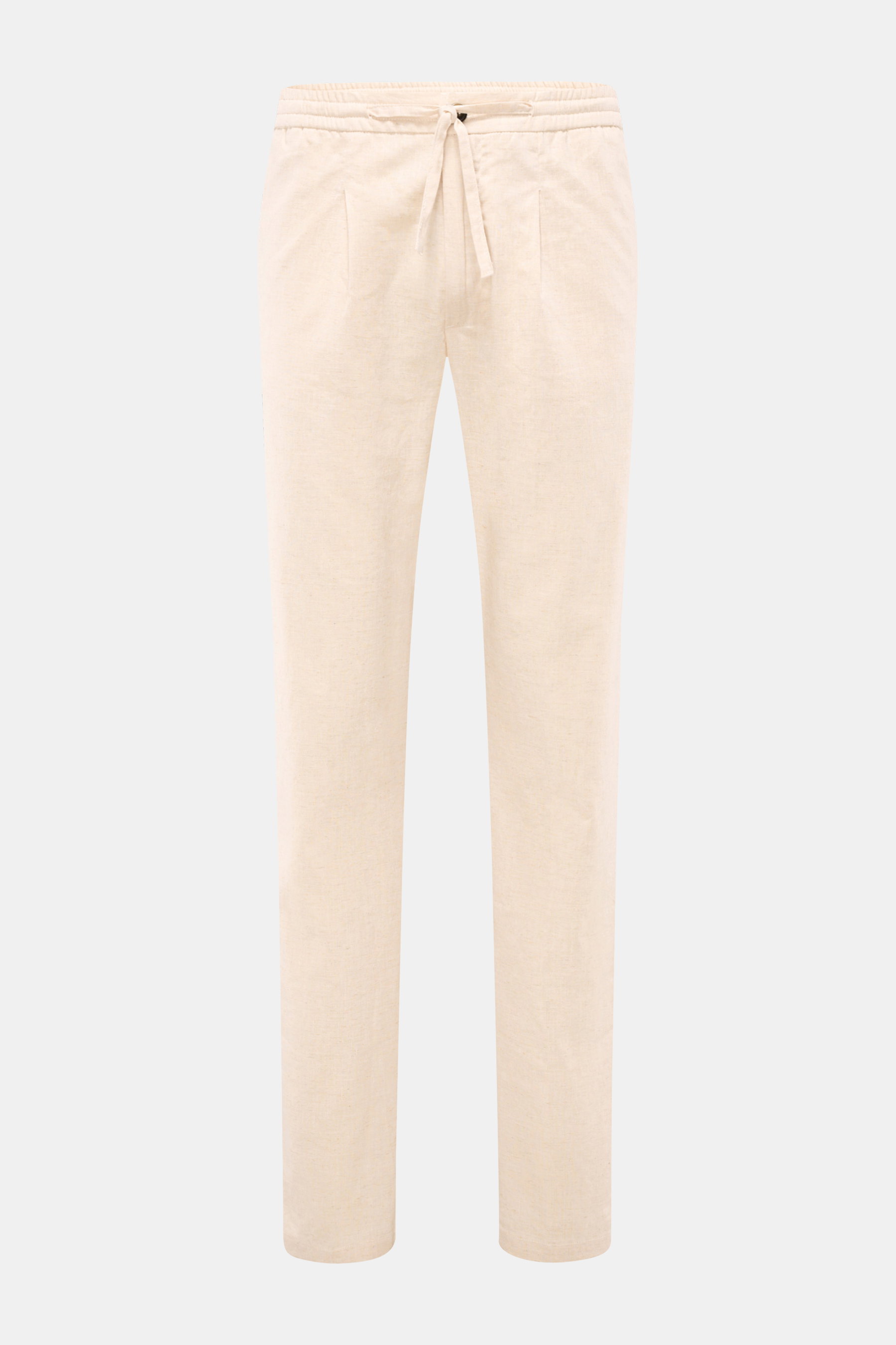Front view of Aurélien Leinen-Jogpants creme meliert, made of pure linen with a regular fit, elastic waistband with drawstring, zipper and button, French pockets, narrow tapered legs, simple pleat, and piped back pocket, offering luxurious casual wear for