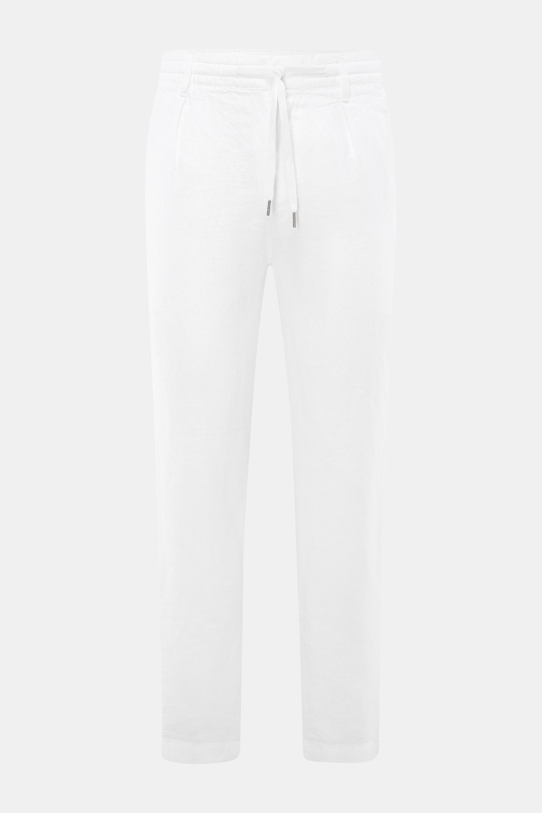 Front view of Polo Ralph Lauren Leinenhose weiß, pure linen white tapered fit pants with soft touch, elastic waistband with drawstring, zipper and button closure, French pockets, regular thigh width, ankle length, and buttoned welt back pockets, a vacatio