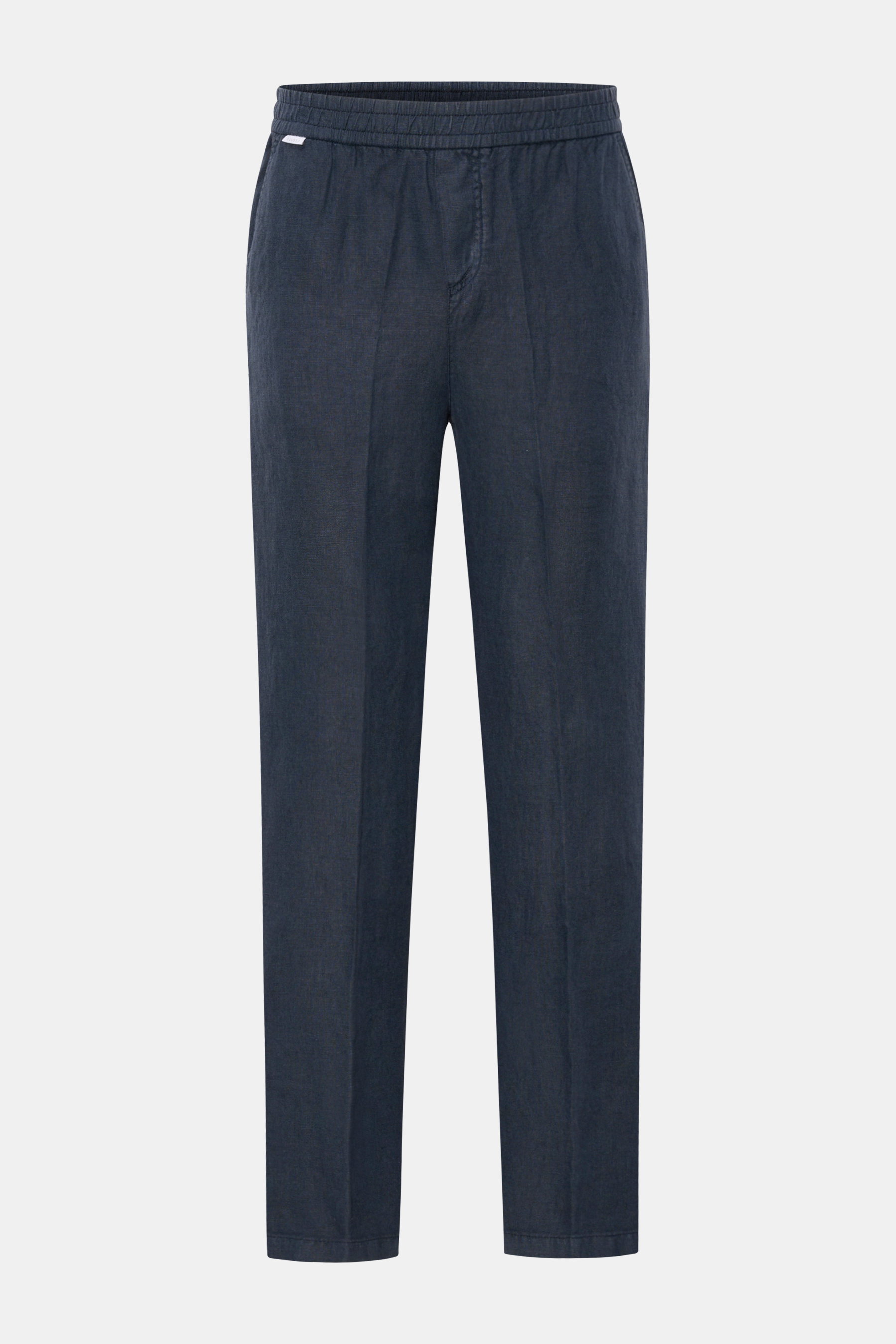 Front view of 04651/ A trip in a bag Leinen-Jogpants 'Linen Pants' navy, pure linen tapered jogpants with elastic waistband, regular thigh fit, ankle length, straight cut, small web label, French pockets, and patch back pockets. Perfect for warm days and 
