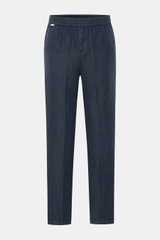 Front view of 04651/ A trip in a bag Leinen-Jogpants 'Linen Pants' navy, pure linen tapered jogpants with elastic waistband, regular thigh fit, ankle length, straight cut, small web label, French pockets, and patch back pockets. Perfect for warm days and 