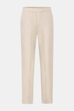 Front view of 04651/ A trip in a bag Leinen-Jogpants 'Linen Pants' beige made from pure linen with typical material texture, tapered fit, regular thigh width, ankle length, straight cut, elastic waistband, small woven label, French pockets, and patch back