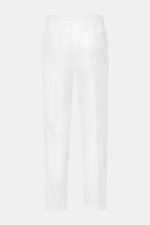 Back view of 04651/ A trip in a bag Leinen-Jogpants 'Linen Pants' weiß, pure linen tapered fit with elastic waistband, French and patch pockets, ankle-length, ideal for warm days and summer essentials, showing typical linen texture and regular thigh width