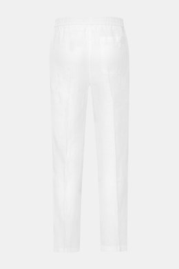 Back view of 04651/ A trip in a bag Leinen-Jogpants 'Linen Pants' weiß, pure linen tapered fit with elastic waistband, French and patch pockets, ankle-length, ideal for warm days and summer essentials, showing typical linen texture and regular thigh width
