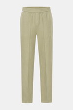 Front view of 04651/ A trip in a bag Leinen-Jogpants 'Linen Pants' salbei in pure linen with elastic waistband, tapered fit, French pockets, and patch back pockets. Perfect for warm days: The Leinen-Jogpants from 04651/ A TRIP IN A BAG become an ideal sum