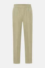 Front view of 04651/ A trip in a bag Leinen-Jogpants 'Linen Pants' salbei in pure linen with elastic waistband, tapered fit, French pockets, and patch back pockets. Perfect for warm days: The Leinen-Jogpants from 04651/ A TRIP IN A BAG become an ideal sum