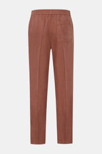 Rear view of 04651/ A trip in a bag Leinen-Jogpants 'Linen Pants' rostbraun in pure linen with elastic waistband, tapered fit, regular thigh width, ankle length, straight cut, French pockets, patch back pocket, and a small woven label, perfect for warm da