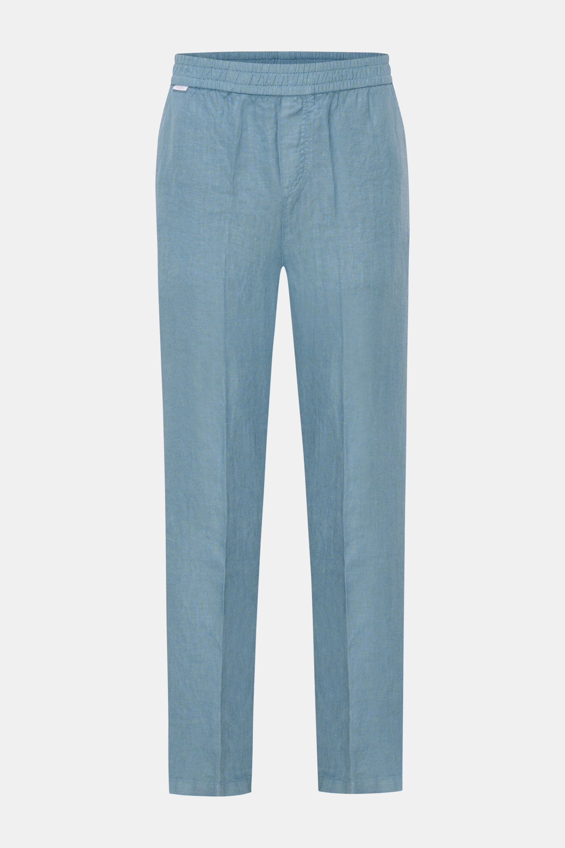 Front view of 04651/ A trip in a bag Leinen-Jogpants 'Linen Pants' rauchblau made of pure linen with typical texture, tapered fit, regular thigh width, ankle length, straight cut, elastic waistband, small woven label, French pockets, and patch back pocket