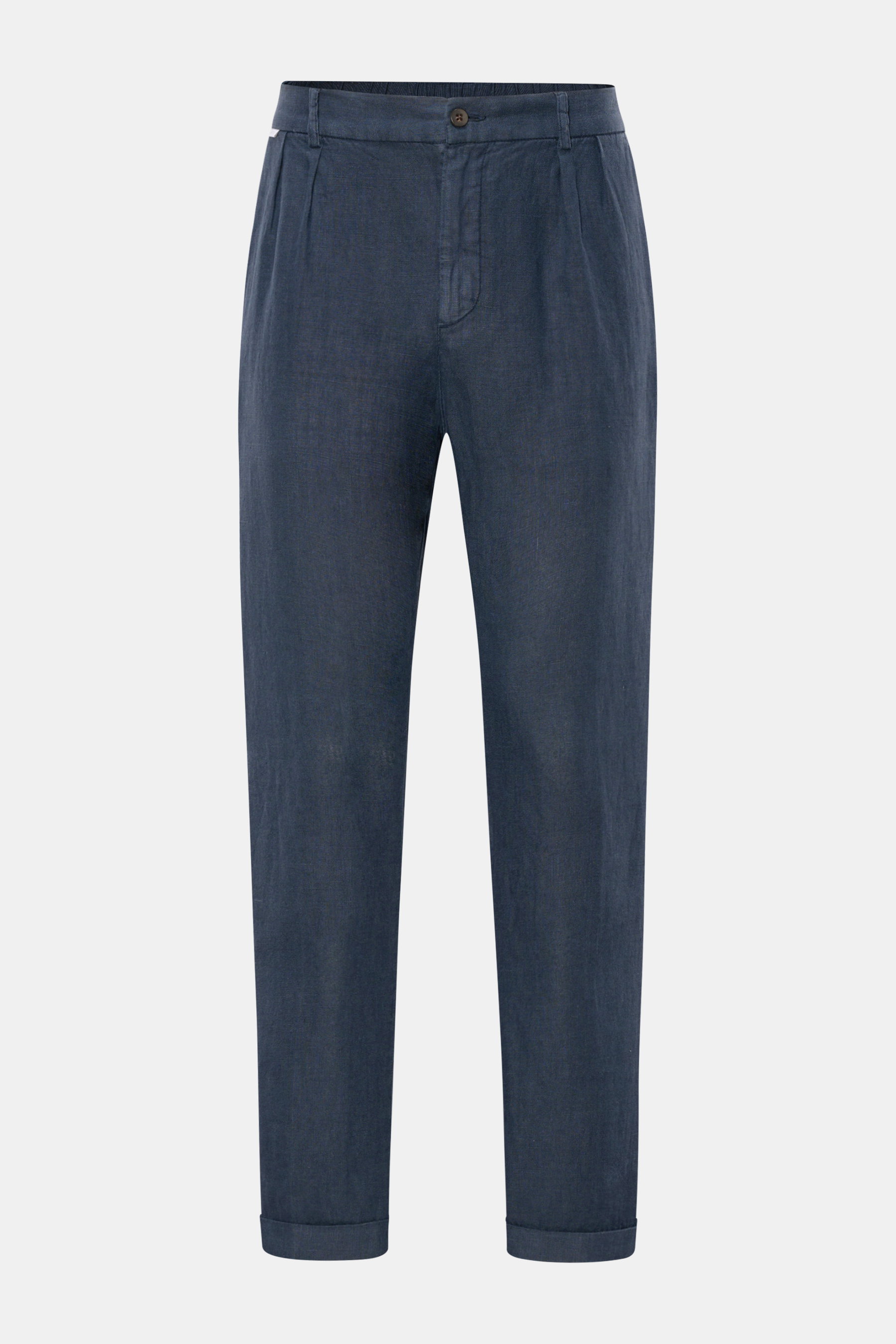 Front view of 04651/ A trip in a bag Linen jogger pants 'Linen Pants' navy made of pure linen with regular, tapered, short cut, zip, button, elastic waistband, drawstring, French and jetted back pockets, and signature material texture. 

<p>Perfect for wa