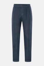 Front view of 04651/ A trip in a bag Linen jogger pants 'Linen Pants' navy made of pure linen with regular, tapered, short cut, zip, button, elastic waistband, drawstring, French and jetted back pockets, and signature material texture. 

<p>Perfect for wa