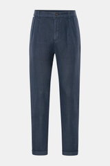 Front view of 04651/ A trip in a bag Linen jogger pants 'Linen Pants' navy made of pure linen with regular, tapered, short cut, zip, button, elastic waistband, drawstring, French and jetted back pockets, and signature material texture. 

<p>Perfect for wa