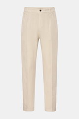 Front view of 04651/ A trip in a bag Linen jogger pants 'Linen Pants' beige, perfect for warm days with pure linen, tapered cut, elasticated waistband with drawstring, zip and waist button, French and jetted back pockets, regular fit, short cut, and signa