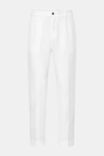 Front view of 04651/ A trip in a bag Linen jogger pants 'Linen Pants' white, pure linen, regular fit, tapered, short cut with zip and button.

Description: <p>Perfect for warm days: These linen jogger pants by 04651/ A TRIP IN A BAG are the ideal summer e