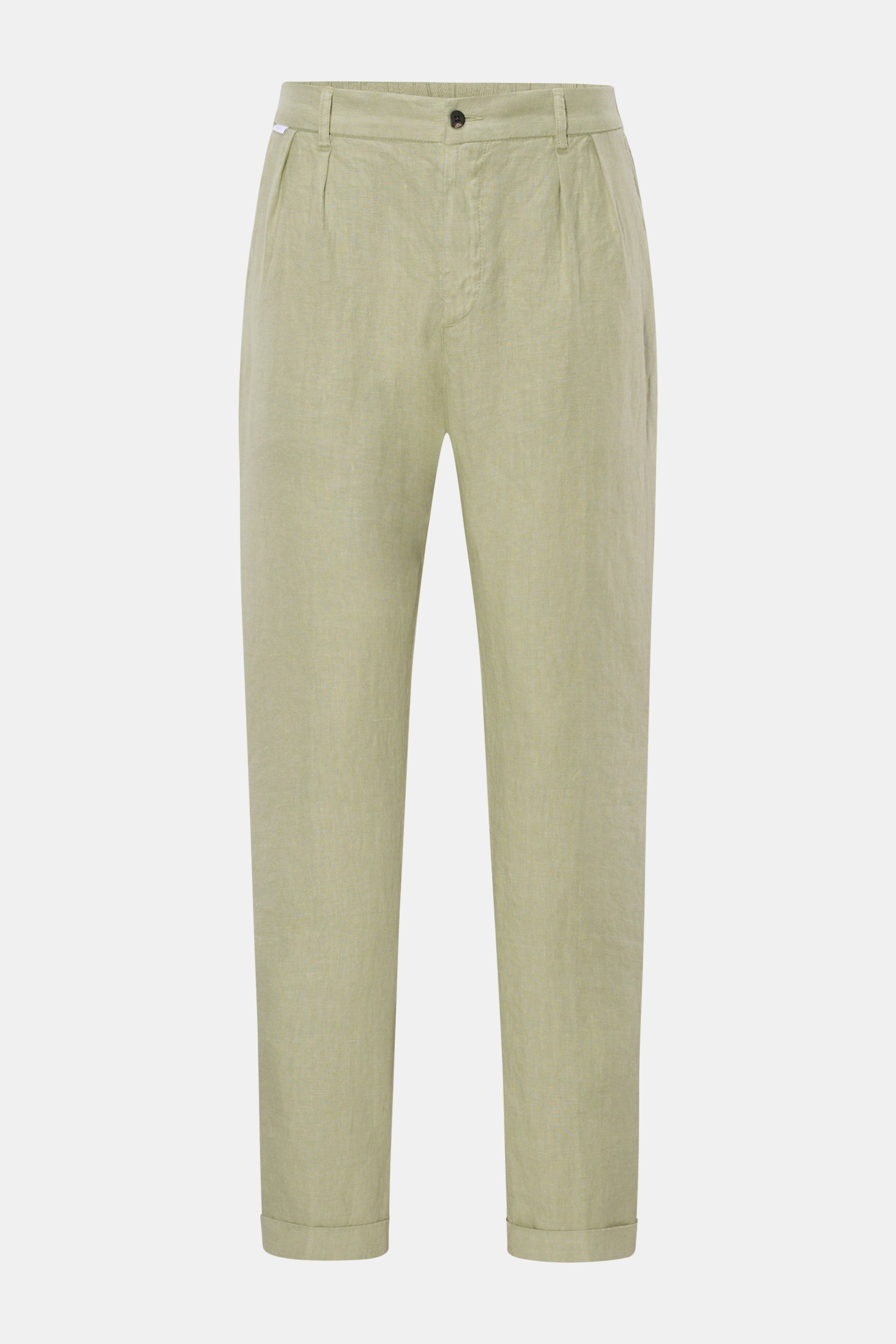 Front view of 04651/ A trip in a bag Linen jogger pants 'Linen Pants' sage, pure linen, tapered regular fit with zip, button, drawstring.

<p>Perfect for warm days: These linen jogger pants by 04651/ A TRIP IN A BAG are the ideal summer essential – for tr