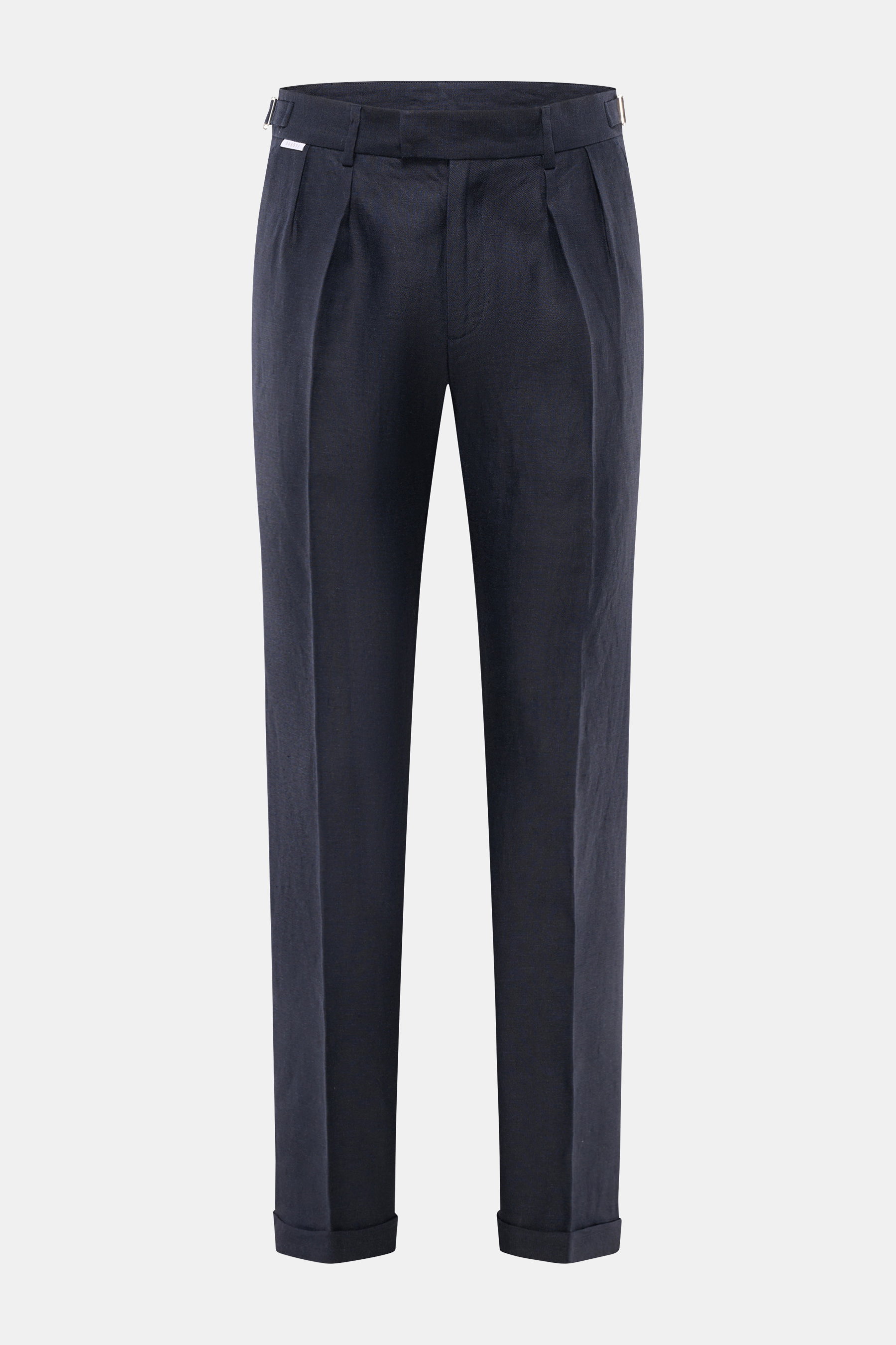 Front view of 04651/ A trip in a bag Linen trousers navy, pure linen tapered joggers with zip, hook, side adjusters, pleats, fixed hem turn-up, French and jetted pockets. Perfect for warm days.