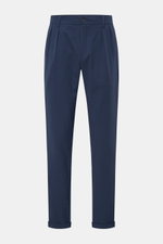 Front view of 04651/ A trip in a bag Seersucker trousers 'Technical Seersucker' navy, tapered fit, ankle length with fixed hem turn-up, zip and waist button, double pleat, French and hip pockets, made of robust microfibre seersucker with fine, typical mat