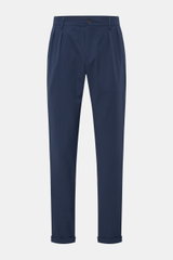 Front view of 04651/ A trip in a bag Seersucker trousers 'Technical Seersucker' navy, tapered fit, ankle length with fixed hem turn-up, zip and waist button, double pleat, French and hip pockets, made of robust microfibre seersucker with fine, typical mat