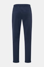 Rear view of 04651/ A trip in a bag Seersucker trousers 'Technical Seersucker' navy, showing tapered fit ankle-length pants made of robust microfibre seersucker fabric, featuring fine typical material texture, regular thigh width, zip and waist button clo