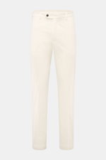Front view of 04651/ A trip in a bag Cotton jogger pants 'Flex Light' cream, elasticated cotton, soft feel, regular fit, short and very tapered cut with zip, waist button, partially elasticated waistband, French and back pockets with button flap. Get a sm