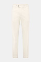 Front view of 04651/ A trip in a bag Cotton jogger pants 'Flex Light' cream, elasticated cotton, soft feel, regular fit, short and very tapered cut with zip, waist button, partially elasticated waistband, French and back pockets with button flap. Get a sm