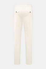 Rear view of 04651/ A trip in a bag Cotton jogger pants 'Flex Light' cream in a smart-casual style, elasticated cotton, soft feel, regular fit, short and very tapered cut, with zip, waist button, partially elasticated waistband, small woven label, French 