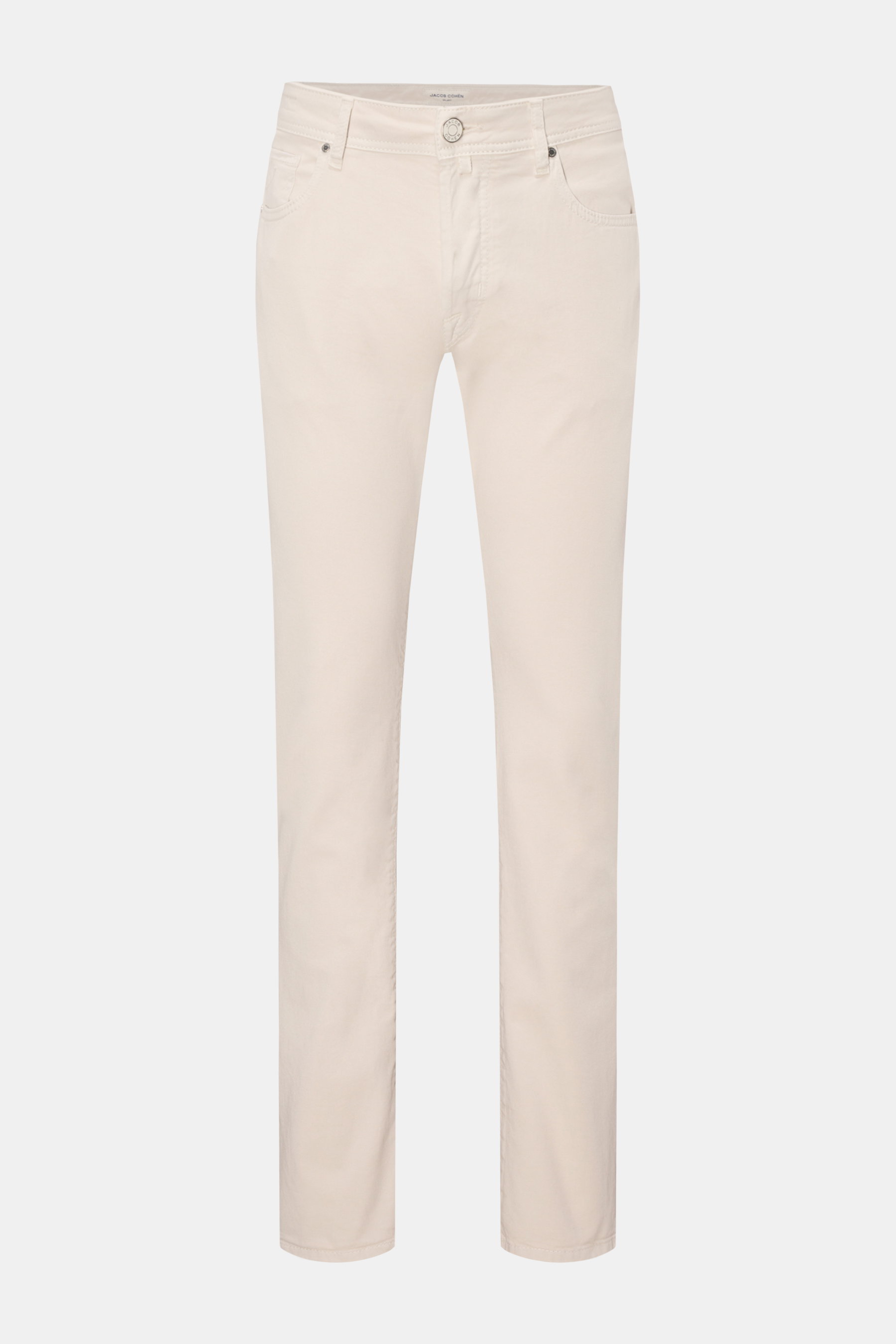 Jacob Cohen Baumwollhose 'Bard' sand, Slim Fit Five-Pocket-Hose aus elastischer Baumwolle mit Ponyfell-Lederpatch, frontale Ansicht