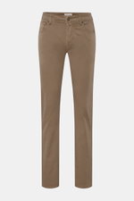 Jacob Cohen Baumwollhose 'Bard' graubraun, Slim Fit, Five-Pocket-Stil, elastisch, Button Fly, Leather Patch in Ponyfell-Optik, Frontalansicht.