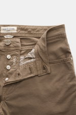 Jacob Cohen Baumwollhose 'Bard' graubraun in Slim Fit, Five-Pocket-Stil mit Button Fly, Lederpatch Ponyfell, Detailansicht von vorne oben.