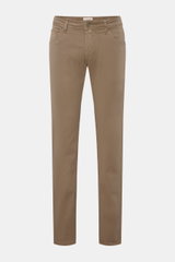Front view of Jacob Cohen Cotton trousers 'Nick' grey-brown, slim fit five-pocket style with button fly, elasticated cotton, soft feel, tonal stitching, and pony skin look leather patch. Modern luxury for everyday wear – why not? The five-pocket trousers 