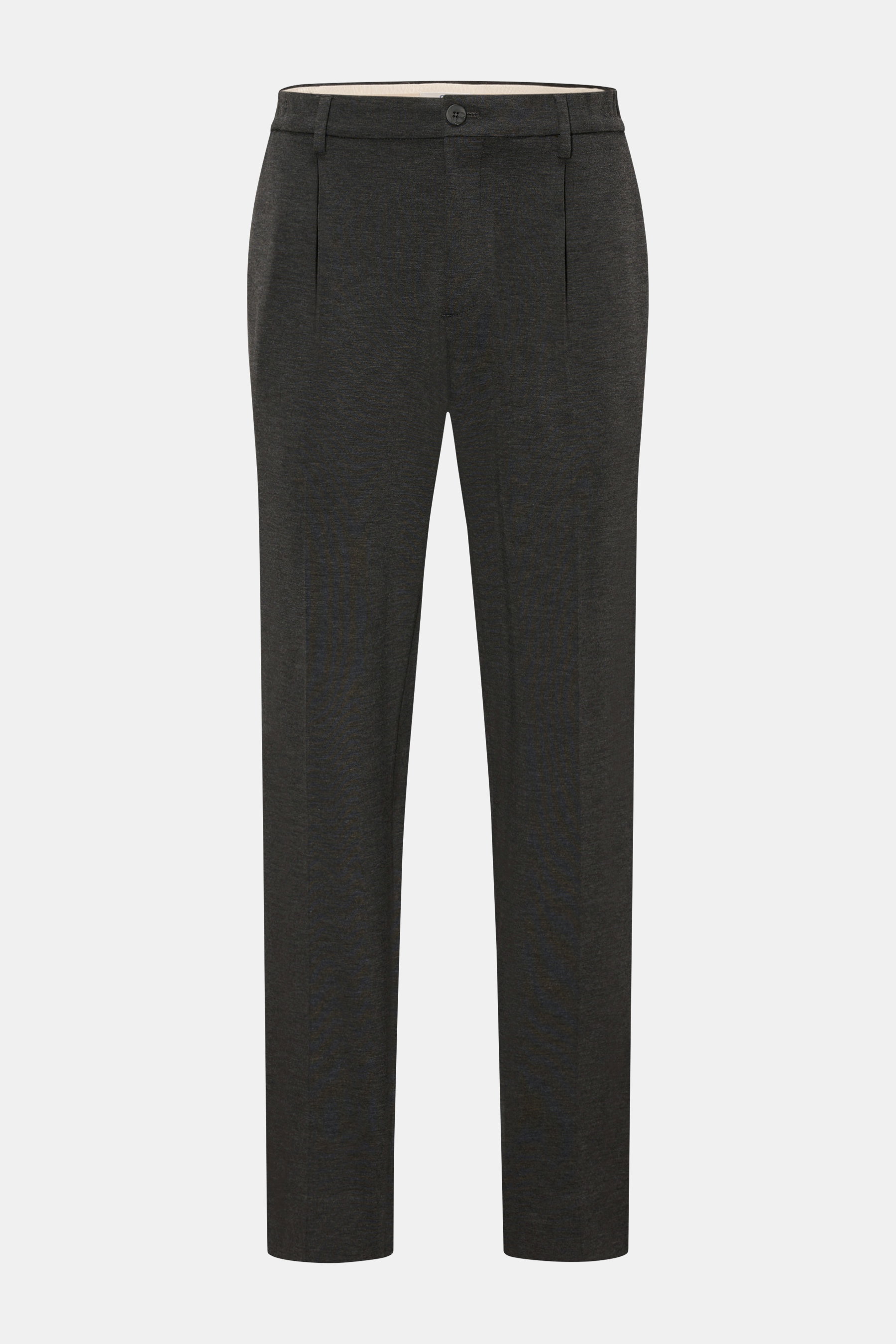 GTA Jogpants 'Dennis' dunkelgrau meliert, frontale Aufnahme, knöchellang, tapered Fit, weiche Viskose-Microfaser, Bundknopf, französische Taschen.