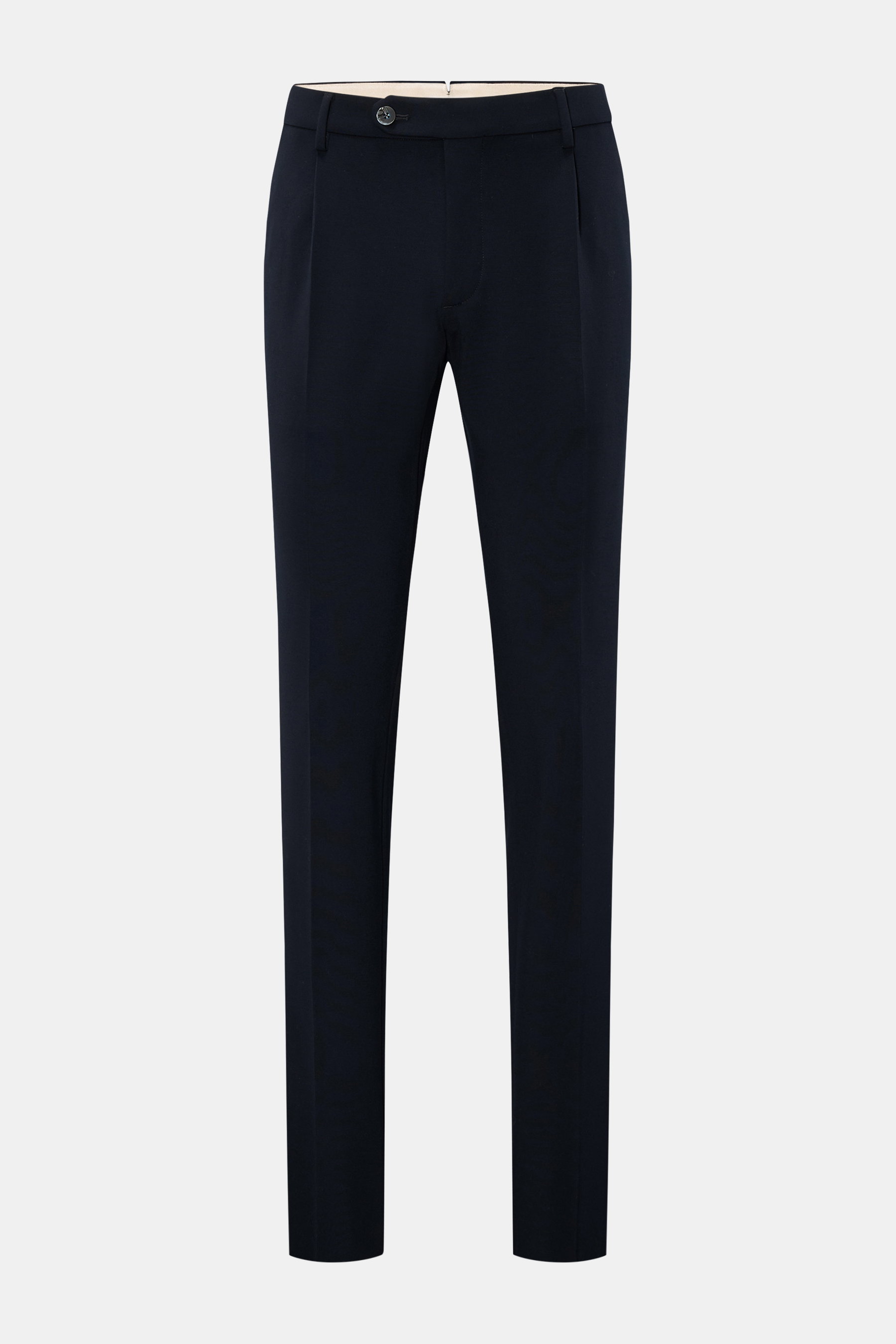 GTA Hose 'Federico' navy, frontale Ansicht, Regular Fit, leicht schmal zulaufend, mit Bundknopf, Reißverschluss, Bundfalte, französischen Taschen, paspelierten Gesäßtaschen, elastischem Bund, offene Saumlänge, weicher Griff, Viskose-Microfaser-Mix.