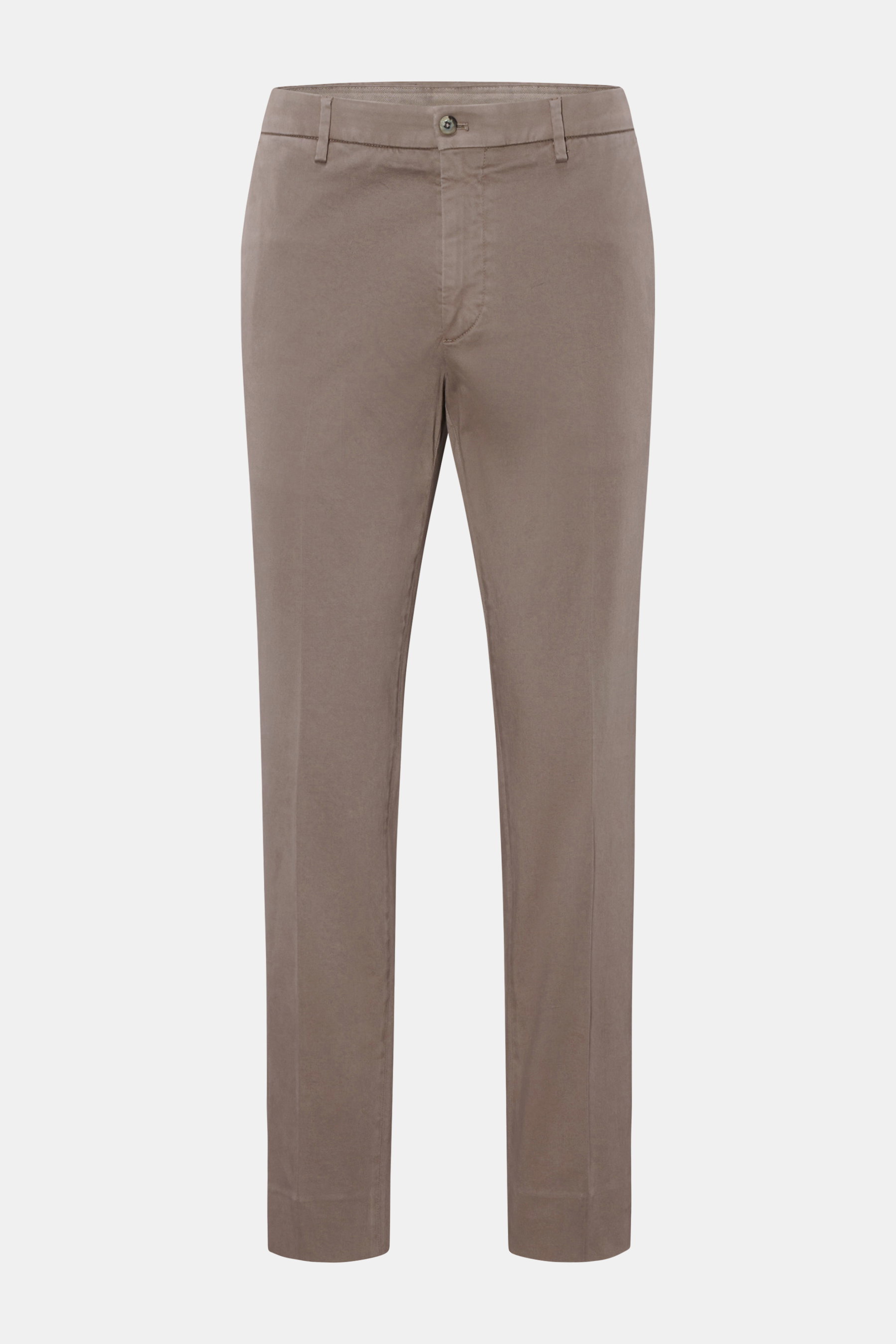 GTA Baumwollhose 'Davide' taupe in frontaler Ansicht, knöchellang, sehr schmal zulaufend, mit teilelastischem Bund, französischen Taschen und Logo-Detail.