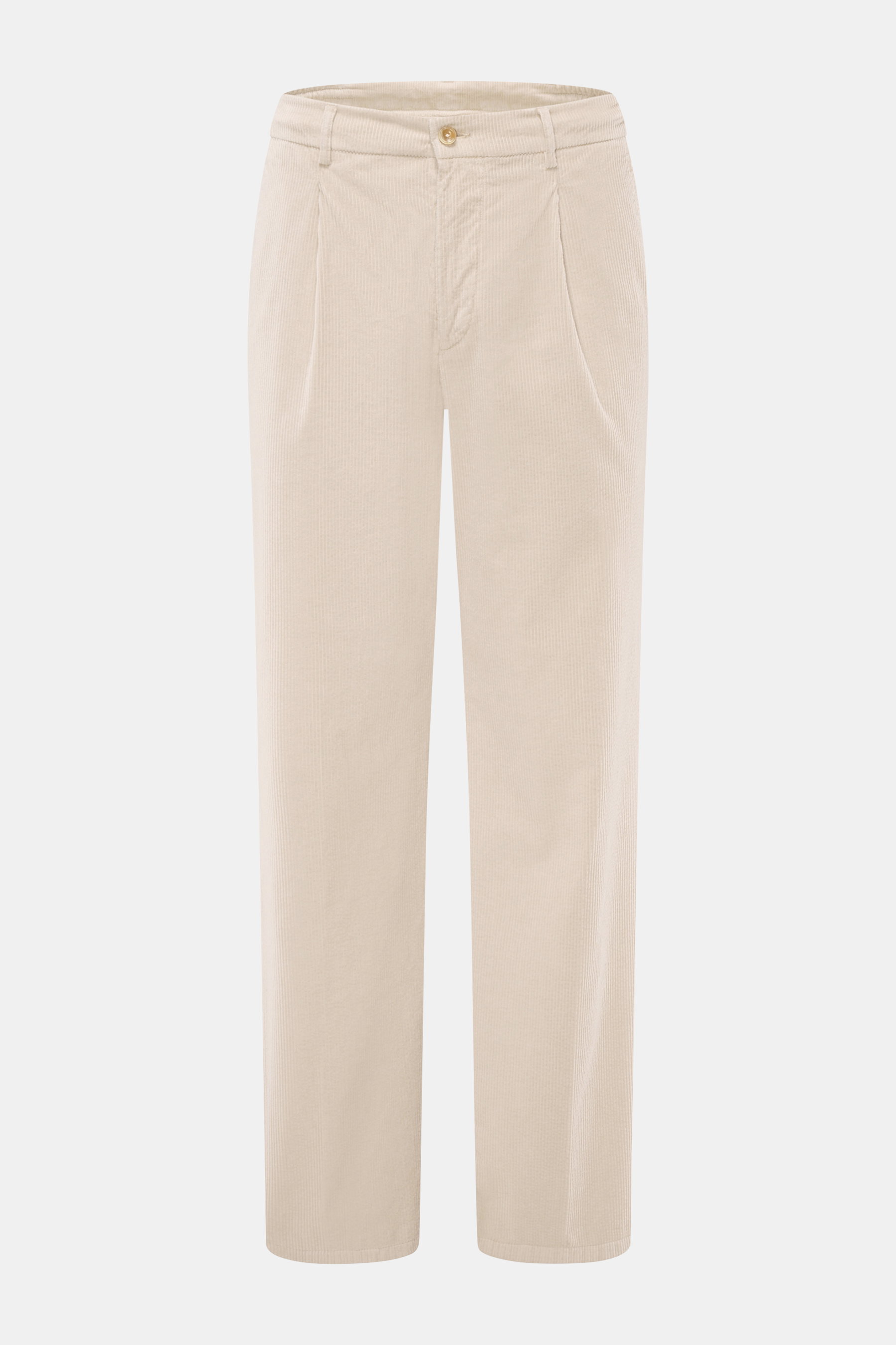Front view of Marco Pescarolo Corduroy Pants 'Dieci' sand, made of cotton corduroy with slightly elastic quality, soft touch, tapered fit, regular thigh width, ankle-length, zip and waistband button, French pockets, and back pockets with button; versatile