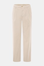 Marco Pescarolo Cordhose 'Dieci' sand, frontale Nahaufnahme, Cord aus Baumwolle, leicht elastisch, Tapered Fit, knöchellang, mit Taschen und Bundknopf.