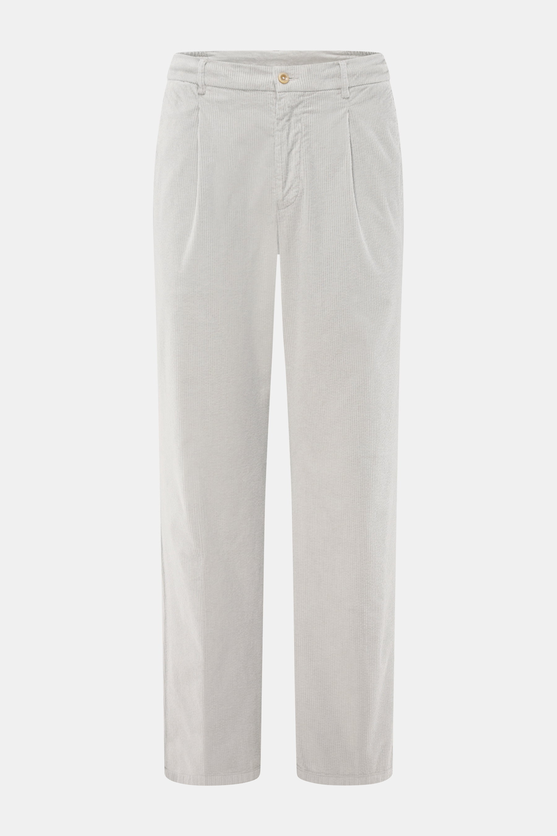 Front view of Marco Pescarolo Corduroy Pants 'Dieci' Light Grey, made of slightly stretchy cotton corduroy with tapered fit, elastic waistband, zip, button, French pockets, and back pockets with button, ankle-length, soft touch, regular thigh width, versa