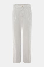 Front view of Marco Pescarolo Corduroy Pants 'Dieci' Light Grey, made of slightly stretchy cotton corduroy with tapered fit, elastic waistband, zip, button, French pockets, and back pockets with button, ankle-length, soft touch, regular thigh width, versa