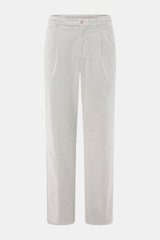 Front view of Marco Pescarolo Corduroy Pants 'Dieci' Light Grey, made of slightly stretchy cotton corduroy with tapered fit, elastic waistband, zip, button, French pockets, and back pockets with button, ankle-length, soft touch, regular thigh width, versa